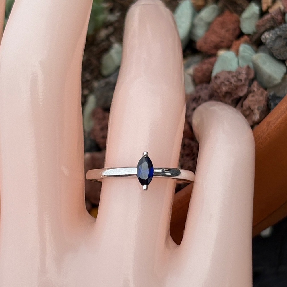 Brilliant Marquise Blue Sapphire Solitaire Ring Sterling Silver Stacking Size 7